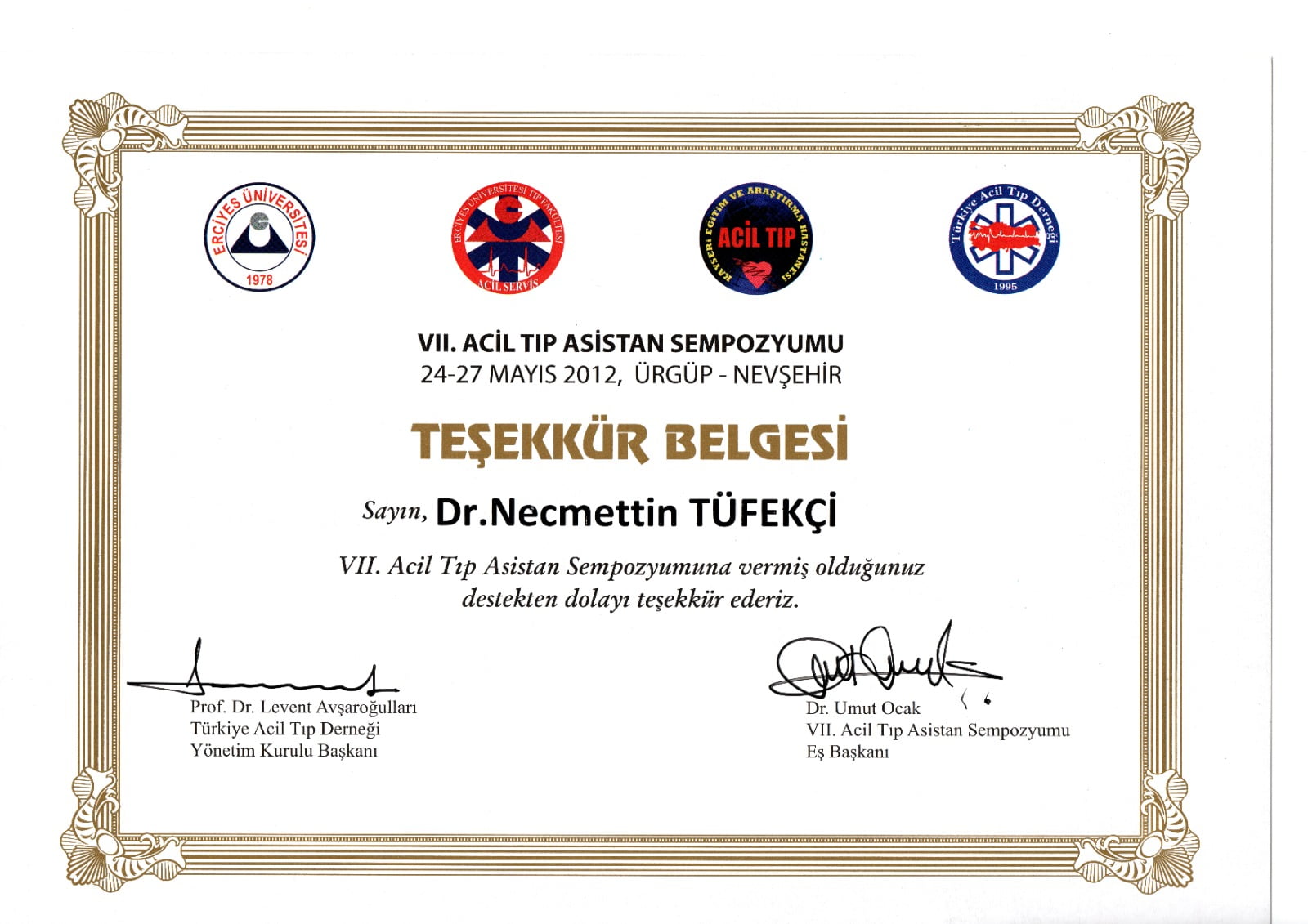 Acıl Tıp Teşekkür Belgesi
