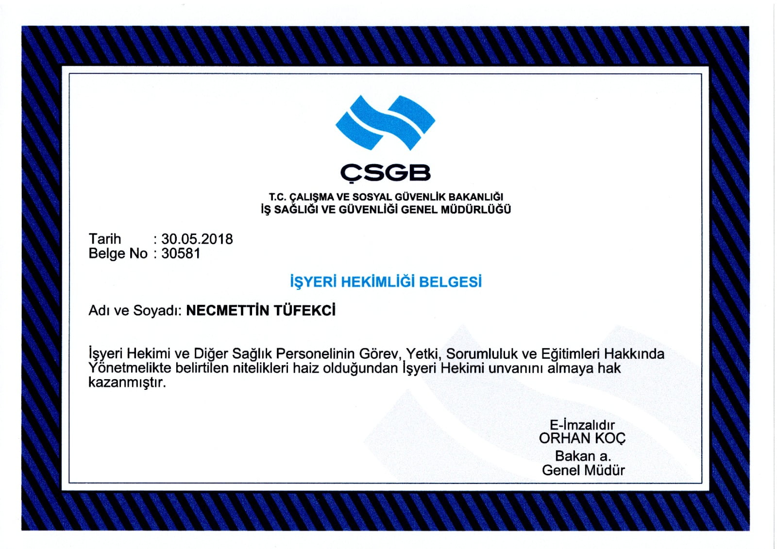 İş Sağlığı İşyeri Hekimliği Belgesi